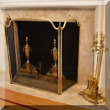 DF01. Antique brass firescreen and fireplace tools. 